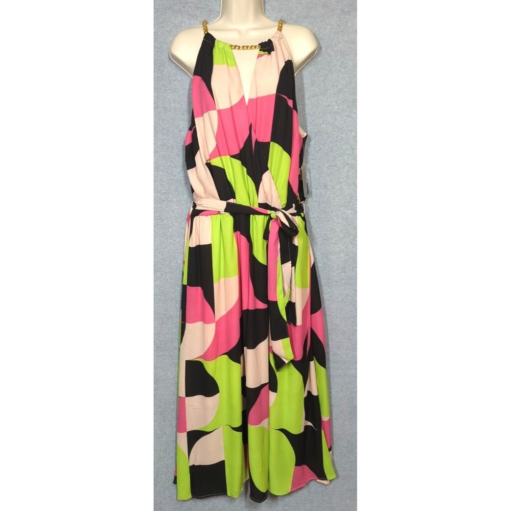 New Maxi Dress Plus 2X Sleeveless Elastic Waist Chain Accent Bold Bright Beauty